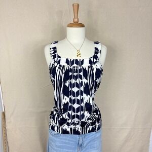 INC International Concepts Navy White Ikat Print Blouson Tank Top Medium M